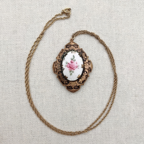 Antique guilloche secret locket necklace